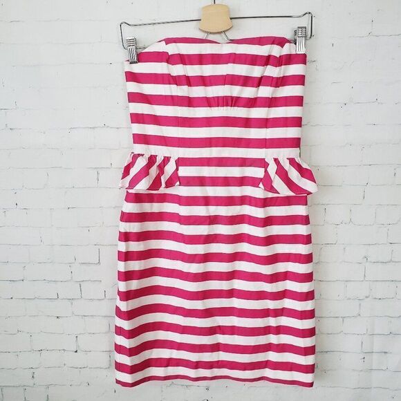 Lilly Pulitzer Maybell Dress Azalea Pink Stripe Size 2 Strapless Peplum Ruffle - Picture 2 of 9